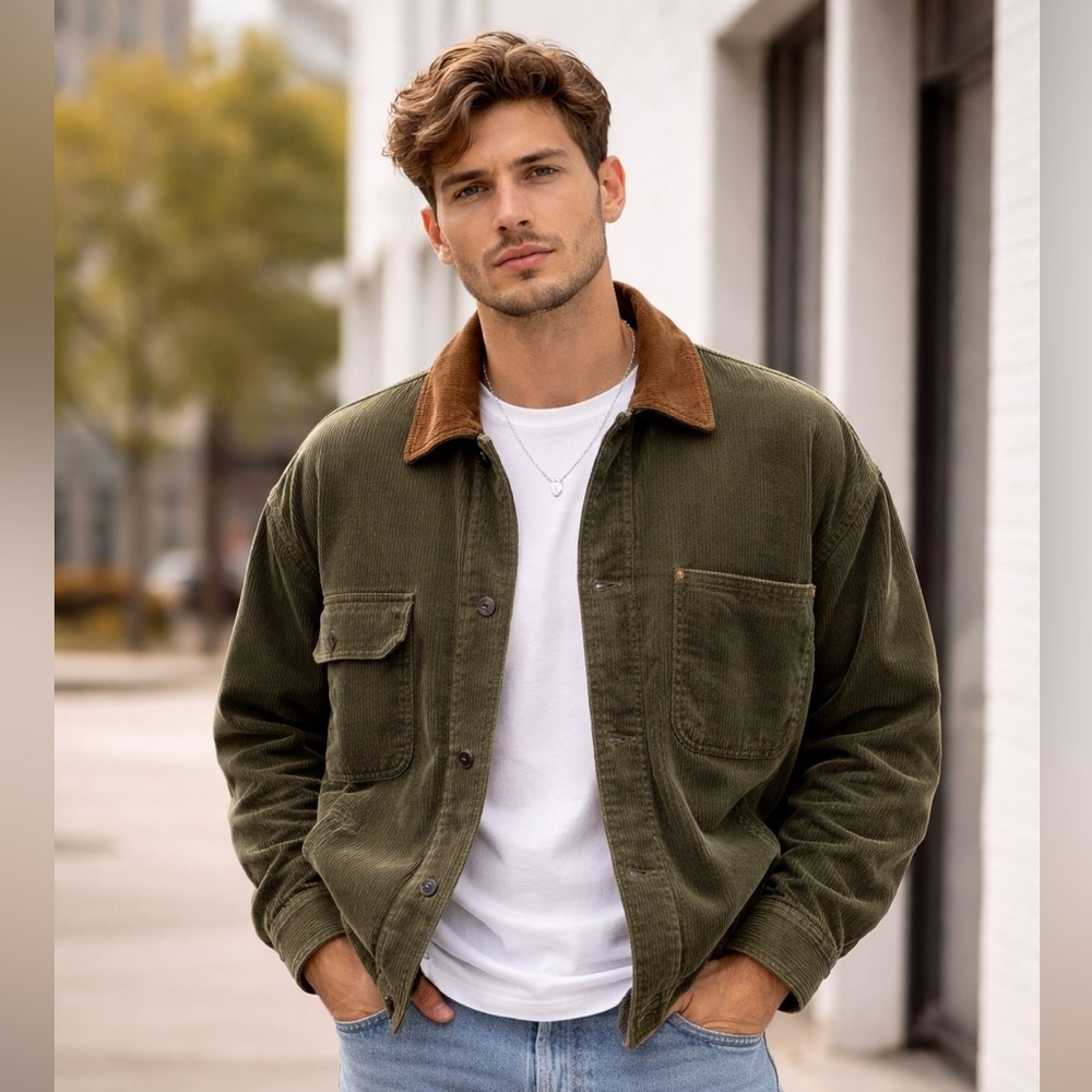 Vintage Free Country USA Green Corduroy Sherpa Lined Workwear Jacket SZ L